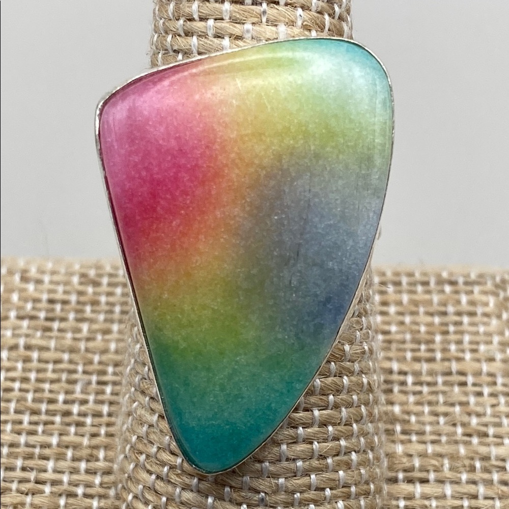 New Rainbow Solar Quartz Stone Silver Overlay Ring Size 8.5